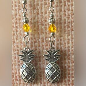 Large Pineapple Dangle Earrings with Bright Yellow Crystal Beads